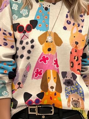 Charming Canine Crewneck Sweater Multicolor Lightweight Womens Large